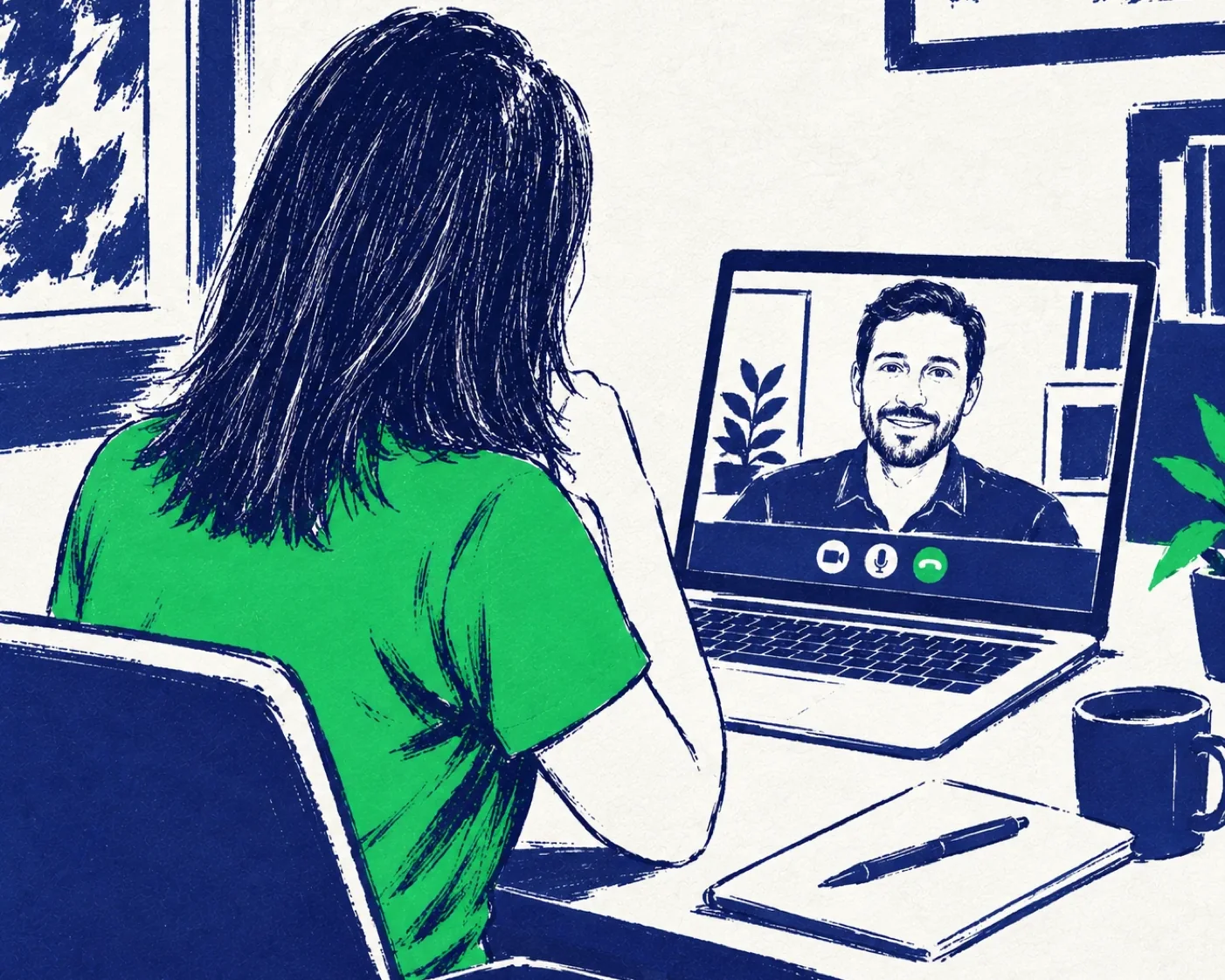 Illustration : Pauline en visioconférence avec un client, carnet et tasse de café sur le bureau.