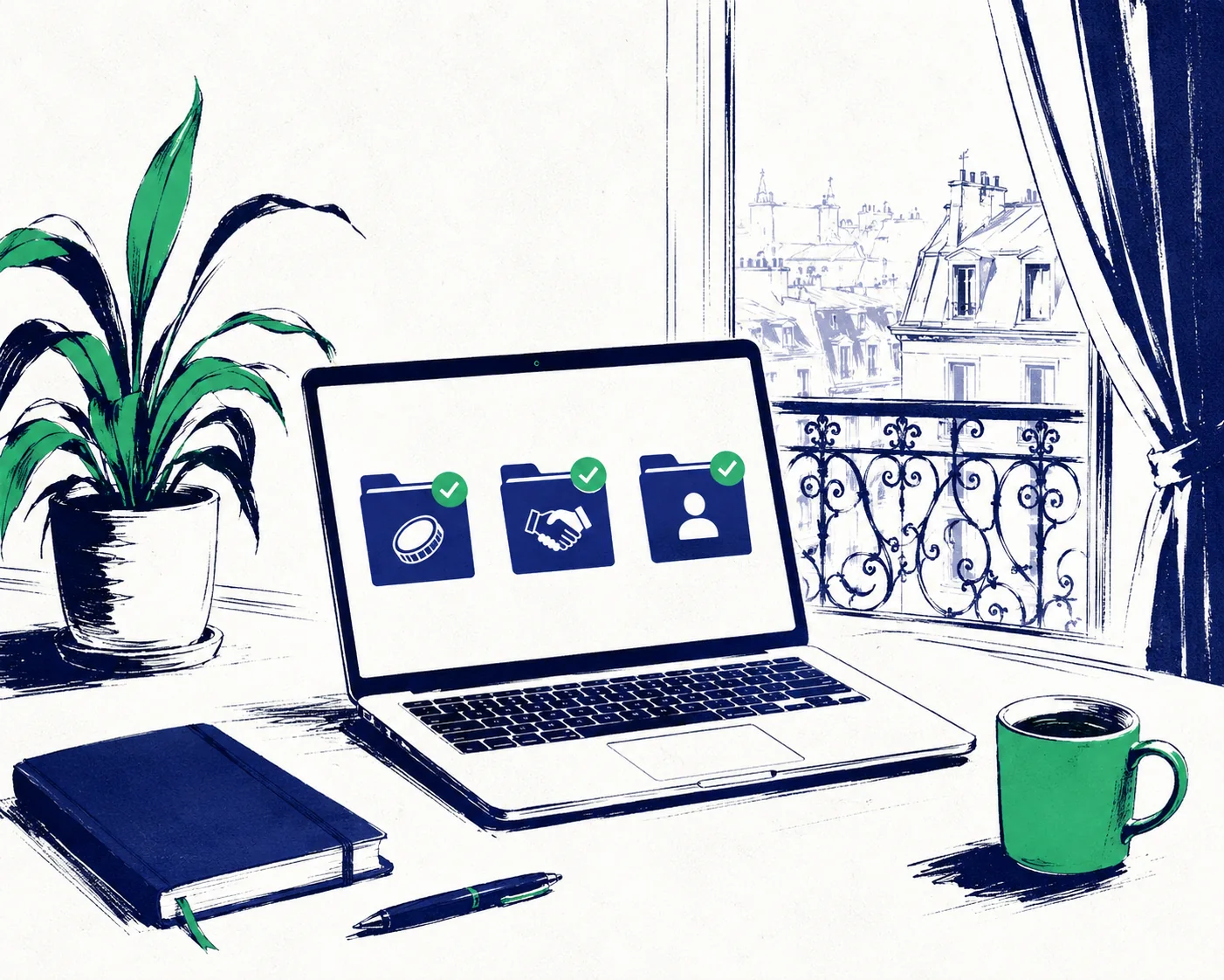 Illustration : un bureau devant une fenêtre parisienne, un ordinateur affiche trois dossiers validés.