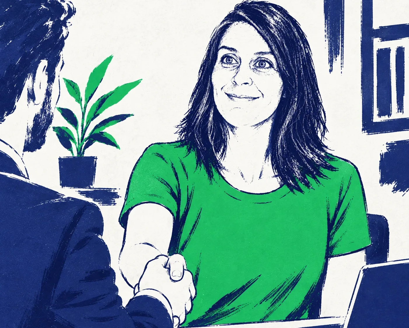 Illustration : Pauline, fondatrice de Mentat Office, serre la main d'un client à son bureau.